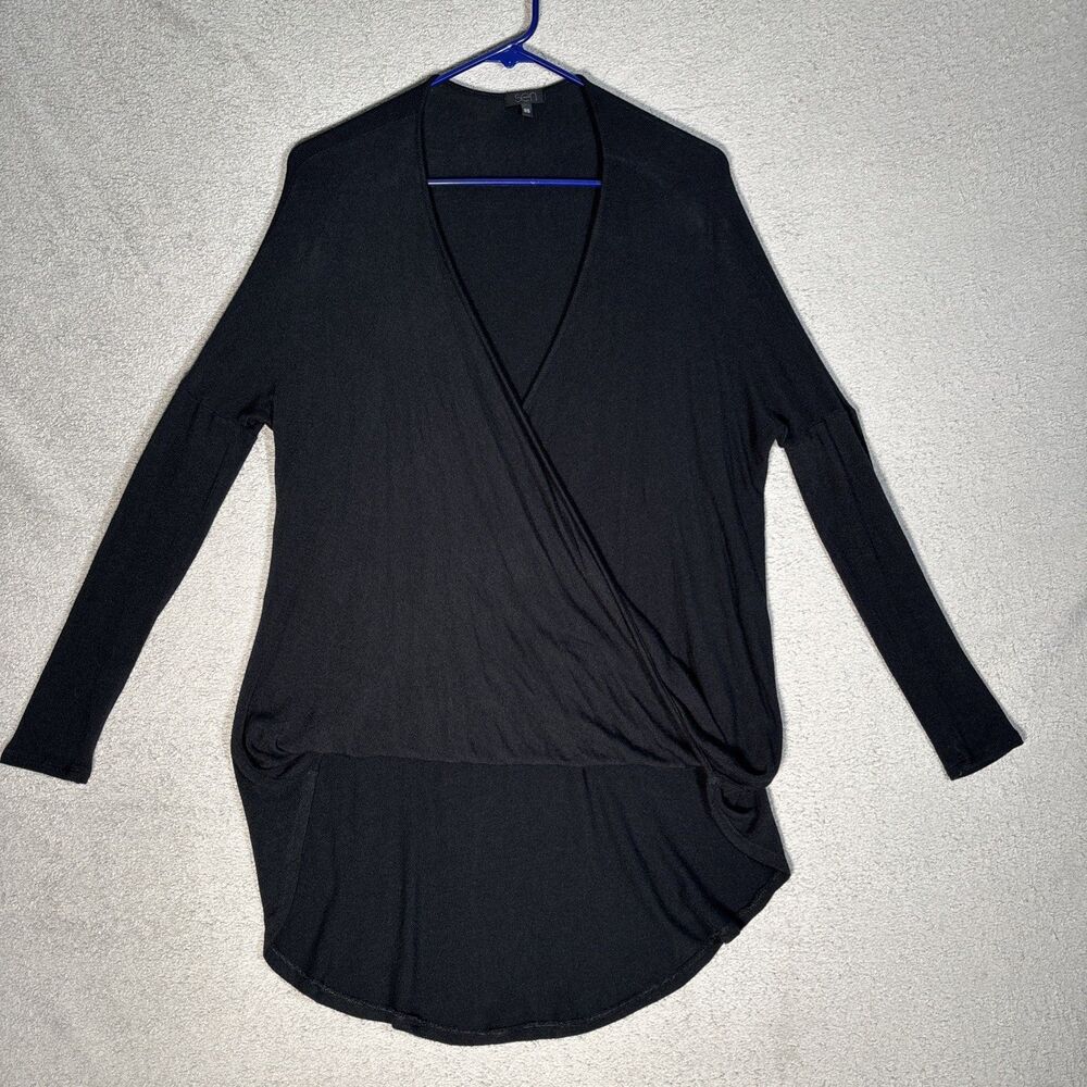 Sen Women’s OS Faux Wrap Knit Top Long Sleeve High Low Hem Capsule Made in USA